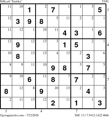 The grouppuzzles.com Difficult Sudoku puzzle for Wednesday July 22, 2026, suitable for printing, with all 13 steps marked