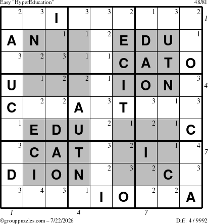 The grouppuzzles.com Easy HyperEducation-i23 puzzle for Wednesday July 22, 2026, suitable for printing, with all 4 steps marked