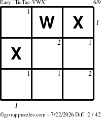 The grouppuzzles.com Easy TicTac-VWX puzzle for Wednesday July 22, 2026, suitable for printing, with all 2 steps marked