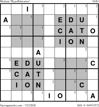 The grouppuzzles.com Medium HyperEducation-i23 puzzle for Wednesday July 22, 2026 with the first 3 steps marked