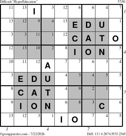 The grouppuzzles.com Difficult HyperEducation-i23 puzzle for Wednesday July 22, 2026 with all 13 steps marked
