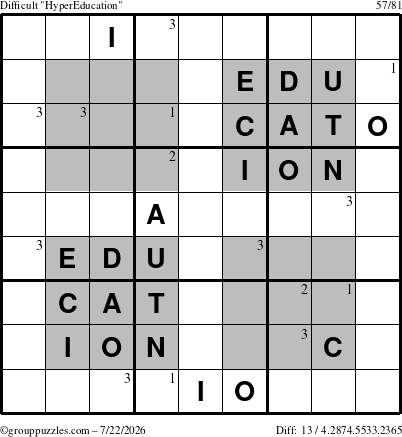 The grouppuzzles.com Difficult HyperEducation-i23 puzzle for Wednesday July 22, 2026 with the first 3 steps marked