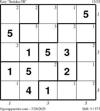 The grouppuzzles.com Easy Sudoku-5B puzzle for Monday July 28, 2025 with all 3 steps marked