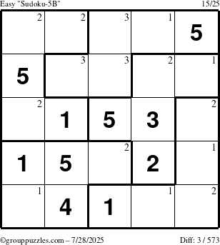 The grouppuzzles.com Easy Sudoku-5B puzzle for Monday July 28, 2025 with the first 3 steps marked
