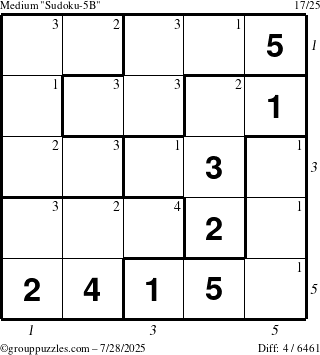 The grouppuzzles.com Medium Sudoku-5B puzzle for Monday July 28, 2025 with all 4 steps marked