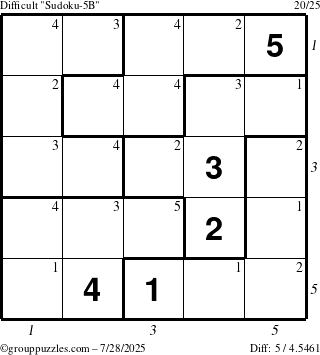 The grouppuzzles.com Difficult Sudoku-5B puzzle for Monday July 28, 2025, suitable for printing, with all 5 steps marked