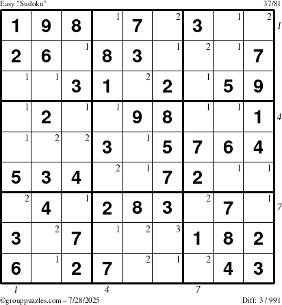 The grouppuzzles.com Easy Sudoku puzzle for Monday July 28, 2025 with all 3 steps marked