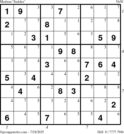 The grouppuzzles.com Medium Sudoku puzzle for Monday July 28, 2025 with all 8 steps marked