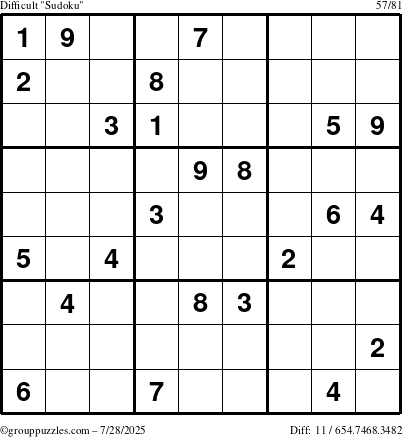 The grouppuzzles.com Difficult Sudoku puzzle for Monday July 28, 2025