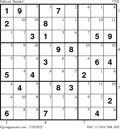 The grouppuzzles.com Difficult Sudoku puzzle for Monday July 28, 2025 with all 11 steps marked