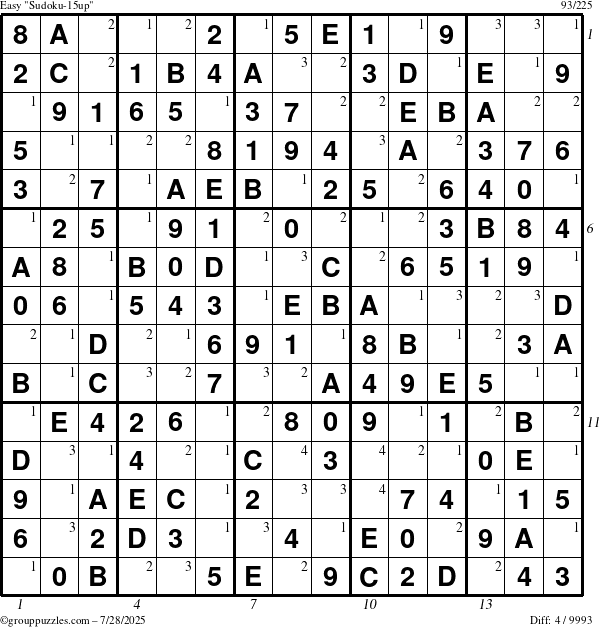 The grouppuzzles.com Easy Sudoku-15up puzzle for Monday July 28, 2025, suitable for printing, with all 4 steps marked