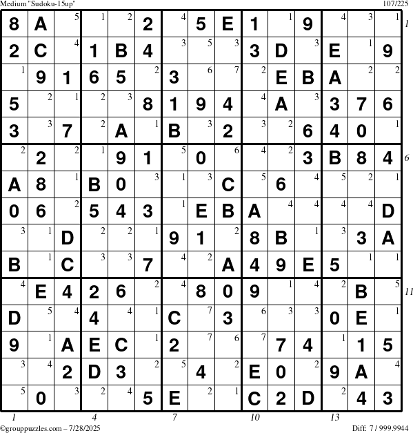 The grouppuzzles.com Medium Sudoku-15up puzzle for Monday July 28, 2025, suitable for printing, with all 7 steps marked