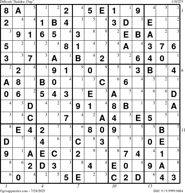 The grouppuzzles.com Difficult Sudoku-15up puzzle for Monday July 28, 2025, suitable for printing, with all 9 steps marked