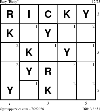 The grouppuzzles.com Easy Ricky puzzle for Thursday July 2, 2026 with all 3 steps marked