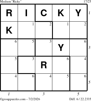 The grouppuzzles.com Medium Ricky puzzle for Thursday July 2, 2026, suitable for printing, with all 6 steps marked