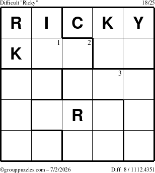 The grouppuzzles.com Difficult Ricky puzzle for Thursday July 2, 2026 with the first 3 steps marked