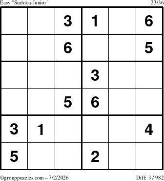 The grouppuzzles.com Easy Sudoku-Junior puzzle for Thursday July 2, 2026