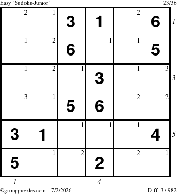 The grouppuzzles.com Easy Sudoku-Junior puzzle for Thursday July 2, 2026 with all 3 steps marked