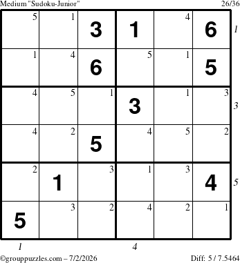 The grouppuzzles.com Medium Sudoku-Junior puzzle for Thursday July 2, 2026 with all 5 steps marked