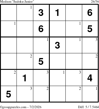 The grouppuzzles.com Medium Sudoku-Junior puzzle for Thursday July 2, 2026 with the first 3 steps marked