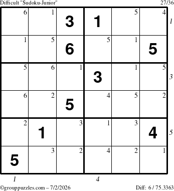 The grouppuzzles.com Difficult Sudoku-Junior puzzle for Thursday July 2, 2026, suitable for printing, with all 6 steps marked