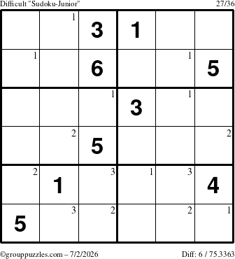 The grouppuzzles.com Difficult Sudoku-Junior puzzle for Thursday July 2, 2026 with the first 3 steps marked