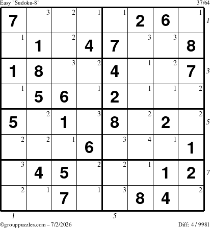 The grouppuzzles.com Easy Sudoku-8 puzzle for Thursday July 2, 2026, suitable for printing, with all 4 steps marked