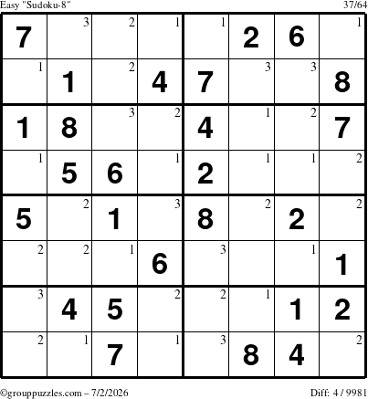 The grouppuzzles.com Easy Sudoku-8 puzzle for Thursday July 2, 2026 with the first 3 steps marked