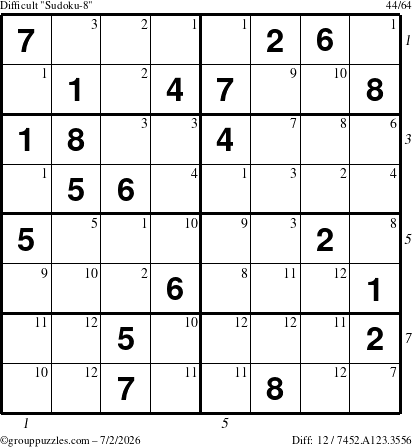 The grouppuzzles.com Difficult Sudoku-8 puzzle for Thursday July 2, 2026, suitable for printing, with all 12 steps marked