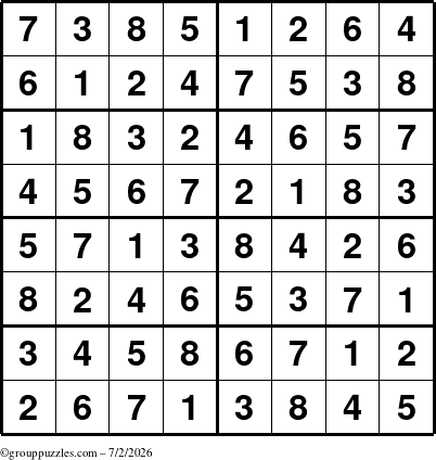 The grouppuzzles.com Answer grid for the Sudoku-8 puzzle for Thursday July 2, 2026