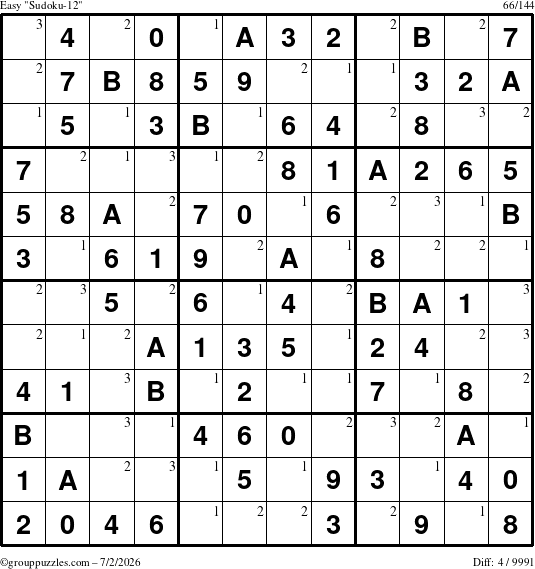 The grouppuzzles.com Easy Sudoku-12 puzzle for Thursday July 2, 2026 with the first 3 steps marked