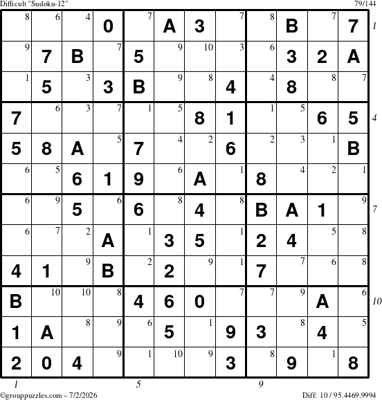 The grouppuzzles.com Difficult Sudoku-12 puzzle for Thursday July 2, 2026 with all 10 steps marked