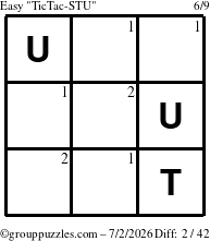 The grouppuzzles.com Easy TicTac-STU puzzle for Thursday July 2, 2026 with the first 2 steps marked