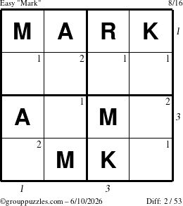 The grouppuzzles.com Easy Mark puzzle for Wednesday June 10, 2026, suitable for printing, with all 2 steps marked