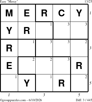 The grouppuzzles.com Easy Mercy puzzle for Wednesday June 10, 2026, suitable for printing, with all 3 steps marked