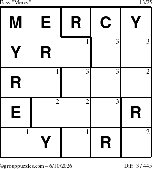 The grouppuzzles.com Easy Mercy puzzle for Wednesday June 10, 2026 with the first 3 steps marked