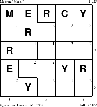 The grouppuzzles.com Medium Mercy puzzle for Wednesday June 10, 2026, suitable for printing, with all 3 steps marked