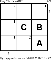 The grouppuzzles.com Easy TicTac-ABC puzzle for Wednesday June 10, 2026, suitable for printing, with all 2 steps marked