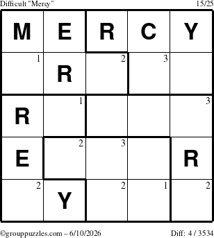 The grouppuzzles.com Difficult Mercy puzzle for Wednesday June 10, 2026 with the first 3 steps marked