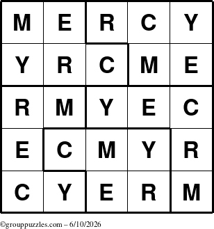 The grouppuzzles.com Answer grid for the Mercy puzzle for Wednesday June 10, 2026
