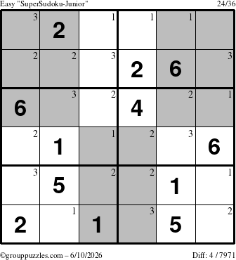 The grouppuzzles.com Easy SuperSudoku-Junior puzzle for Wednesday June 10, 2026 with the first 3 steps marked