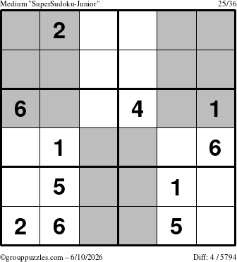 The grouppuzzles.com Medium SuperSudoku-Junior puzzle for Wednesday June 10, 2026