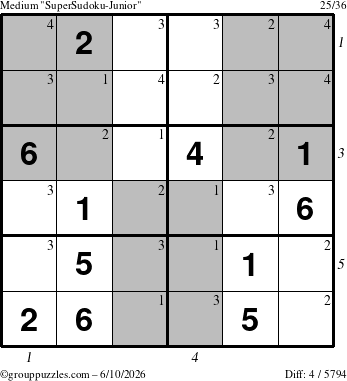 The grouppuzzles.com Medium SuperSudoku-Junior puzzle for Wednesday June 10, 2026 with all 4 steps marked