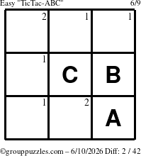 The grouppuzzles.com Easy TicTac-ABC puzzle for Wednesday June 10, 2026 with the first 2 steps marked