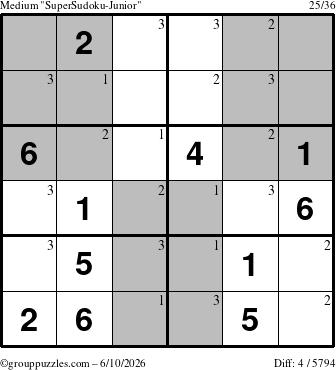 The grouppuzzles.com Medium SuperSudoku-Junior puzzle for Wednesday June 10, 2026 with the first 3 steps marked