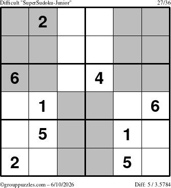 The grouppuzzles.com Difficult SuperSudoku-Junior puzzle for Wednesday June 10, 2026