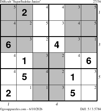 The grouppuzzles.com Difficult SuperSudoku-Junior puzzle for Wednesday June 10, 2026, suitable for printing, with all 5 steps marked