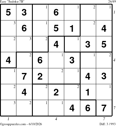 The grouppuzzles.com Easy Sudoku-7B puzzle for Wednesday June 10, 2026 with all 3 steps marked
