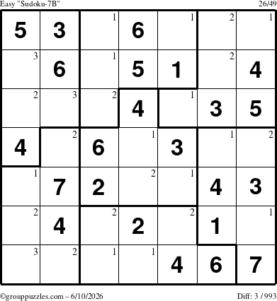 The grouppuzzles.com Easy Sudoku-7B puzzle for Wednesday June 10, 2026 with the first 3 steps marked