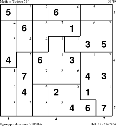 The grouppuzzles.com Medium Sudoku-7B puzzle for Wednesday June 10, 2026, suitable for printing, with all 8 steps marked